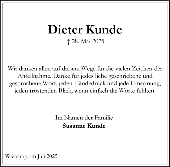 Traueranzeige von Dieter Kunde von Wochenend Anzeiger