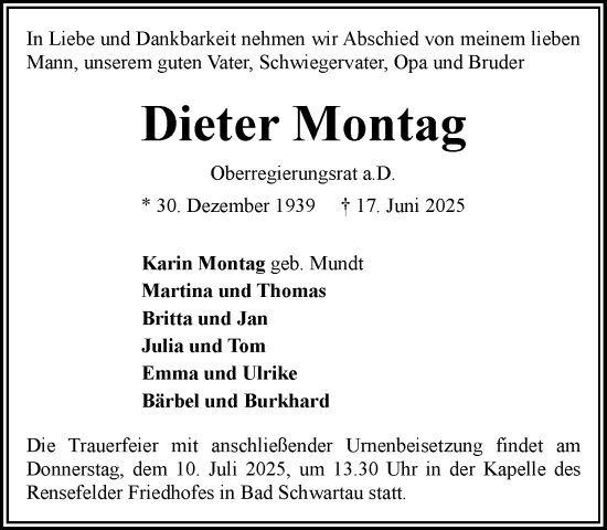 Traueranzeige von Dieter Montag von MARKT Ratzeburg/Mölln