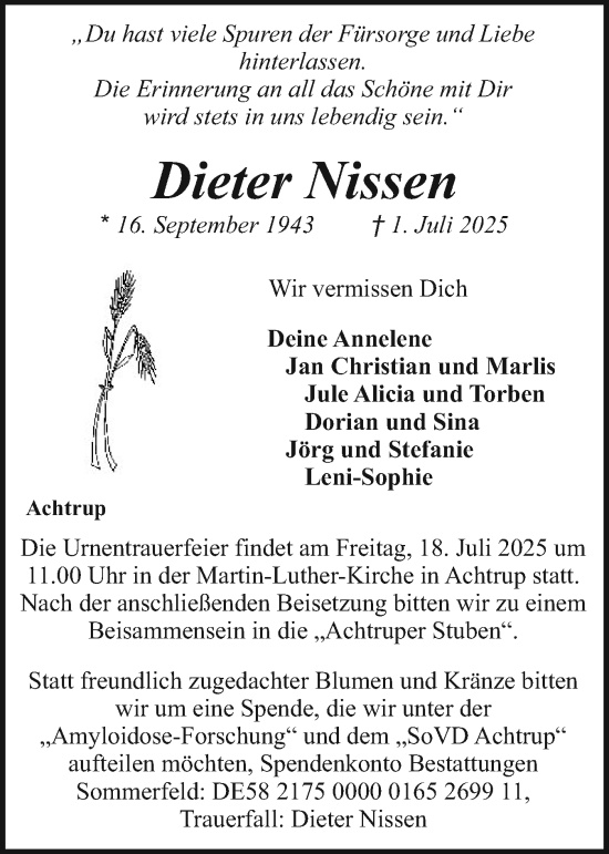 Traueranzeige von Dieter Nissen von Region Flensburg