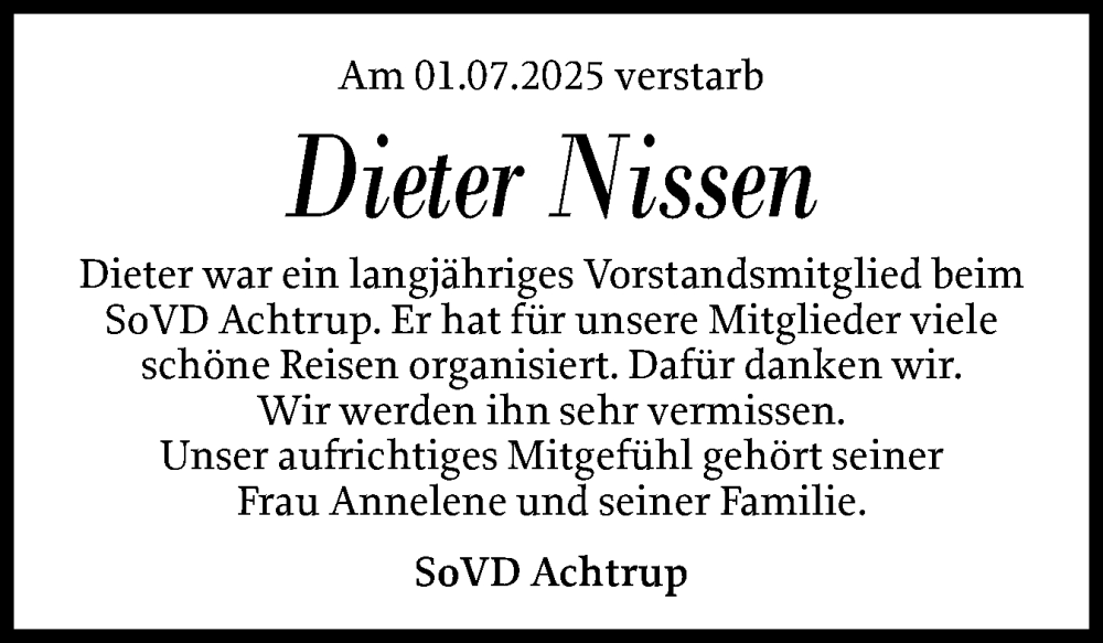  Traueranzeige für Dieter Nissen vom 18.07.2025 aus Husumer Nachrichten, Nordfriesland Tageblatt