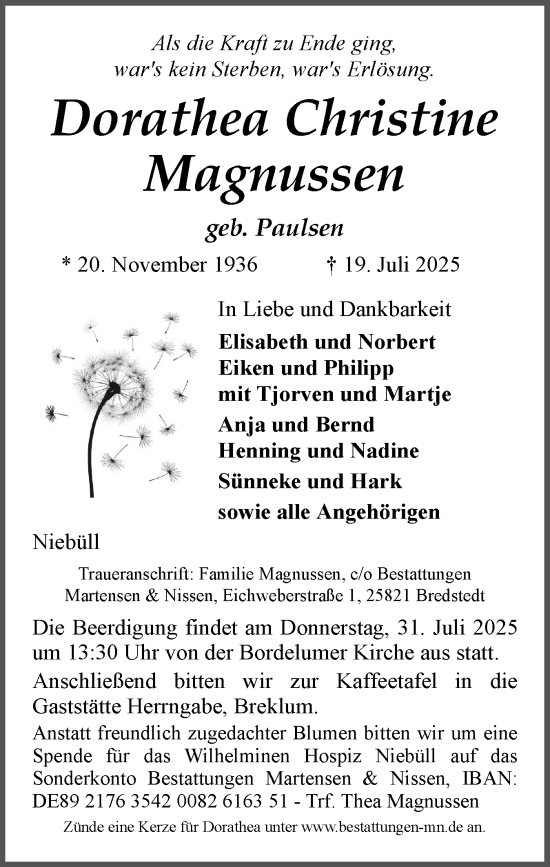 Traueranzeige von Dorathea Christine Magnussen von Husumer Nachrichten, Nordfriesland Tageblatt