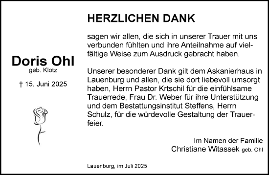 Traueranzeige von Doris Ohl von Wochenend Anzeiger