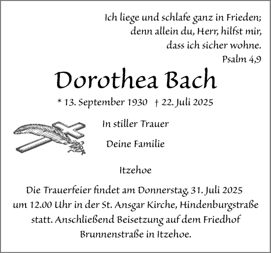 Traueranzeige von Dorothea Bach von Norddeutsche Rundschau, Wilstersche Zeitung, Glückstädter Fortuna