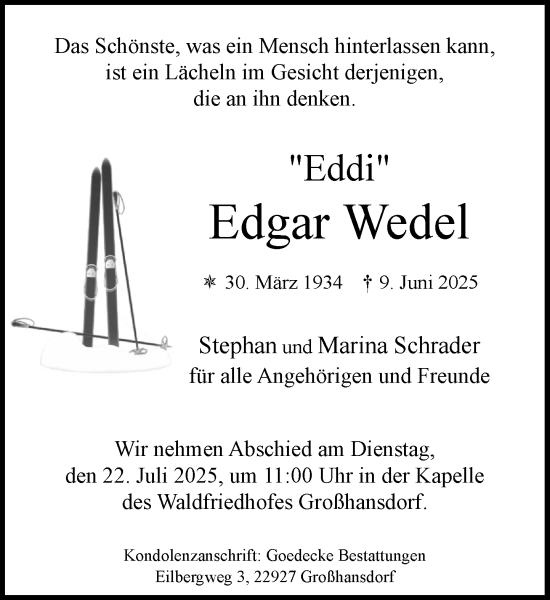 Traueranzeige von Edgar Wedel von MARKT Ahrensburg/Bargteheide/Trittau und Stormarner Tageblatt