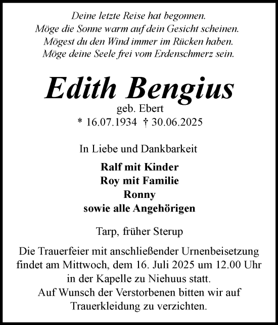 Traueranzeige von Edith Bengius von Flensburger Tageblatt