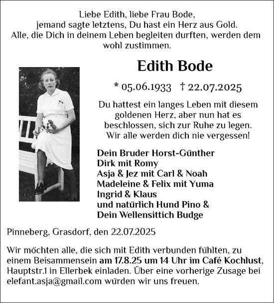 Traueranzeige von Edith Bode von Region Pinneberg und tip Pinneberg