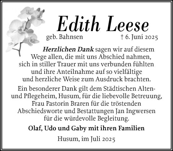 Traueranzeige von Edith Leese von Husumer Nachrichten, Nordfriesland Tageblatt