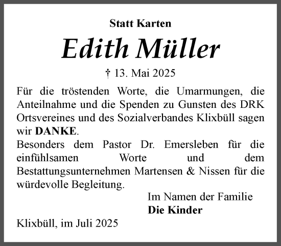 Traueranzeige von Edith Müller von Husumer Nachrichten, Nordfriesland Tageblatt