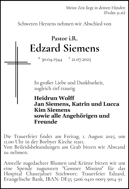 Traueranzeige von Edzard Siemens von Eckernförder Zeitung