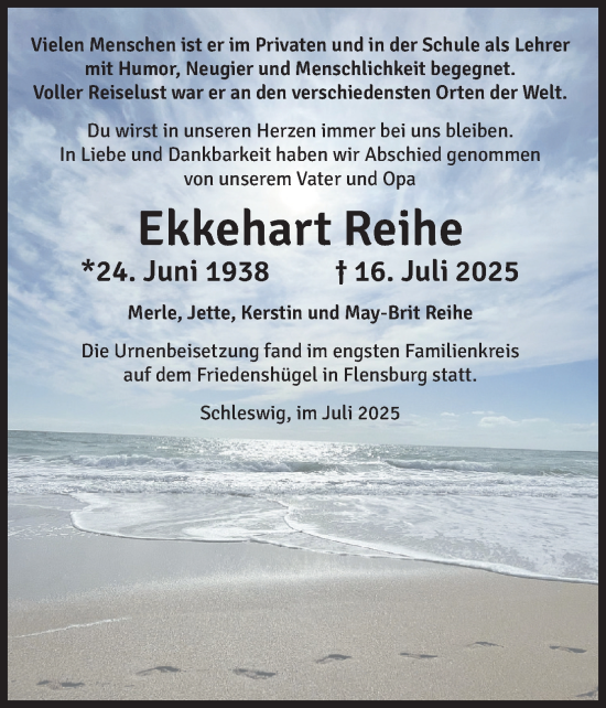 Traueranzeige von Ekkehart Reihe von Schleswiger Nachrichten, Schlei-Bote