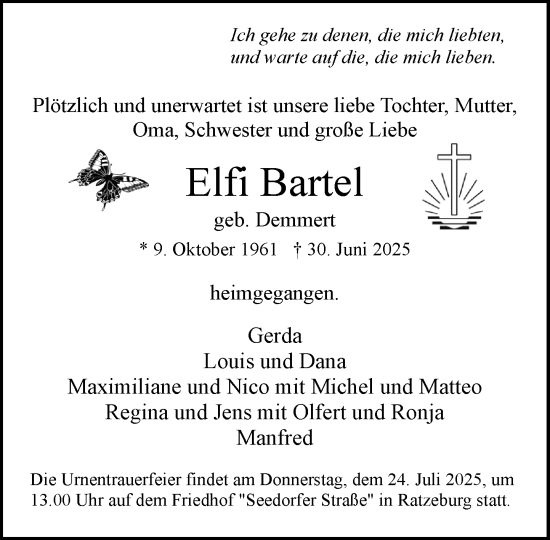 Traueranzeige von Elfi Bartel von MARKT Ratzeburg/Mölln