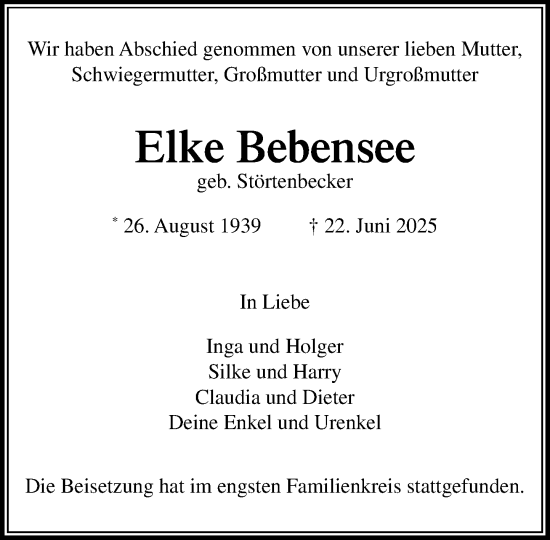 Traueranzeige von Elke Bebensee von MARKT Ahrensburg/Bargteheide/Trittau und Stormarner Tageblatt
