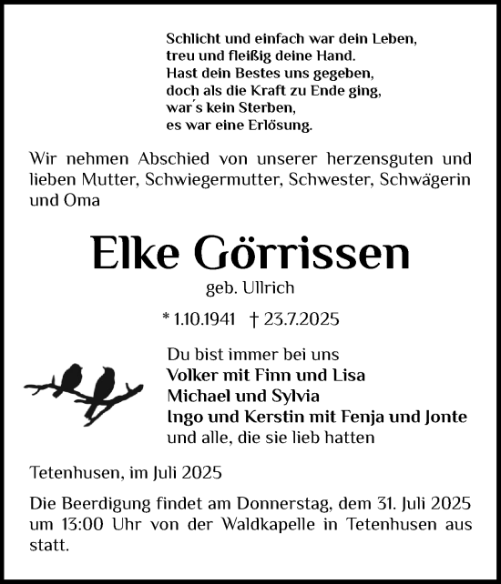 Traueranzeige von Elke Görrissen von Schleswig-Holsteinische Landeszeitung