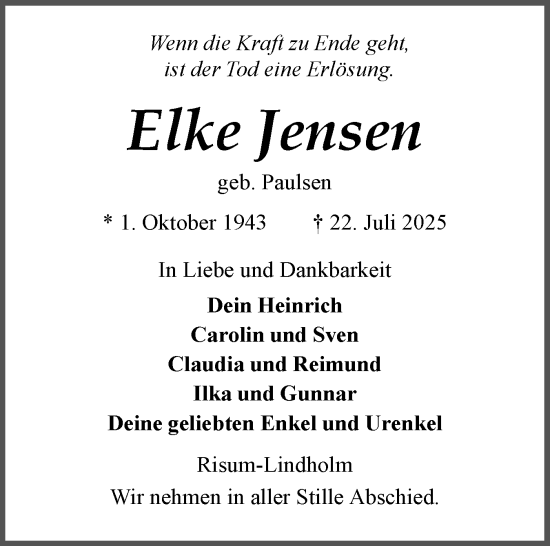 Traueranzeige von Elke Jensen von Husumer Nachrichten, Nordfriesland Tageblatt