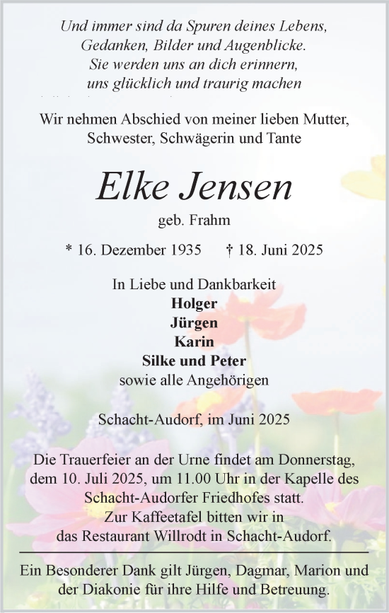 Traueranzeige von Elke Jensen von Schleswig-Holsteinische Landeszeitung