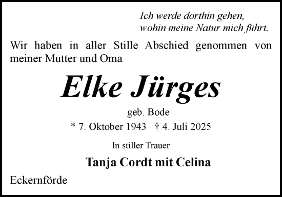 Traueranzeige von Elke Jürges von Eckernförder Zeitung, Hallo Eckernförde