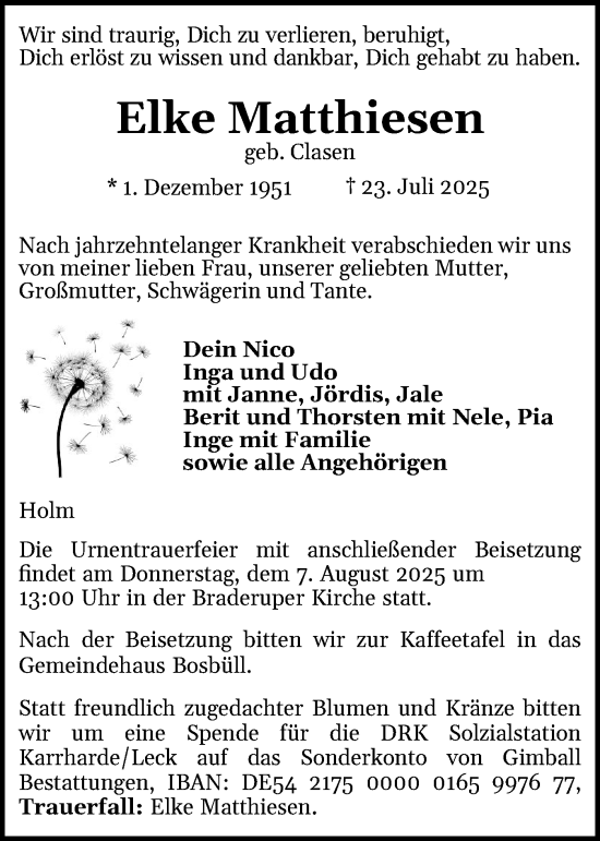 Traueranzeige von Elke Matthiesen von Husumer Nachrichten, Nordfriesland Tageblatt