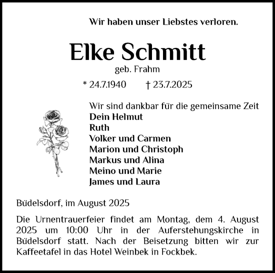 Traueranzeige von Elke Schmitt von Schleswig-Holsteinische Landeszeitung