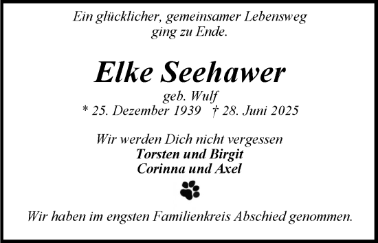 Traueranzeige von Elke Seehawer von Holsteinischer Courier