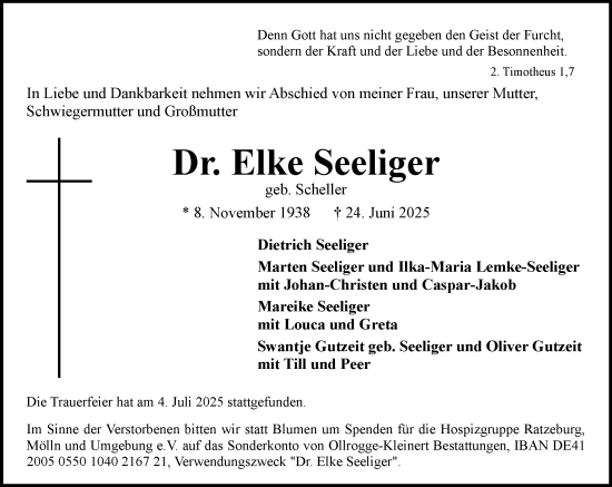 Traueranzeige von Elke Seeliger von Wochenend Anzeiger