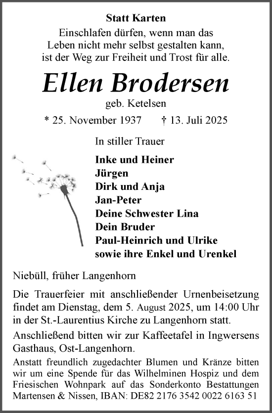 Traueranzeige von Ellen Brodersen von Husumer Nachrichten, Nordfriesland Tageblatt