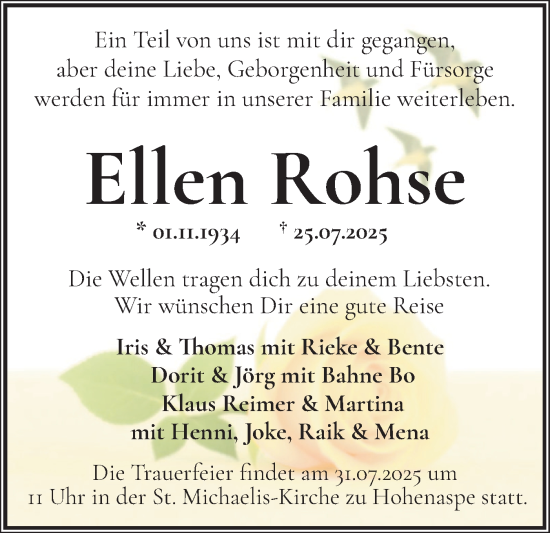 Traueranzeige von Ellen Rohse von Norddeutsche Rundschau, Wilstersche Zeitung, Glückstädter Fortuna
