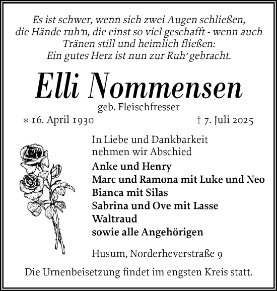 Traueranzeige von Elli Nommensen von Husumer Nachrichten, Nordfriesland Tageblatt