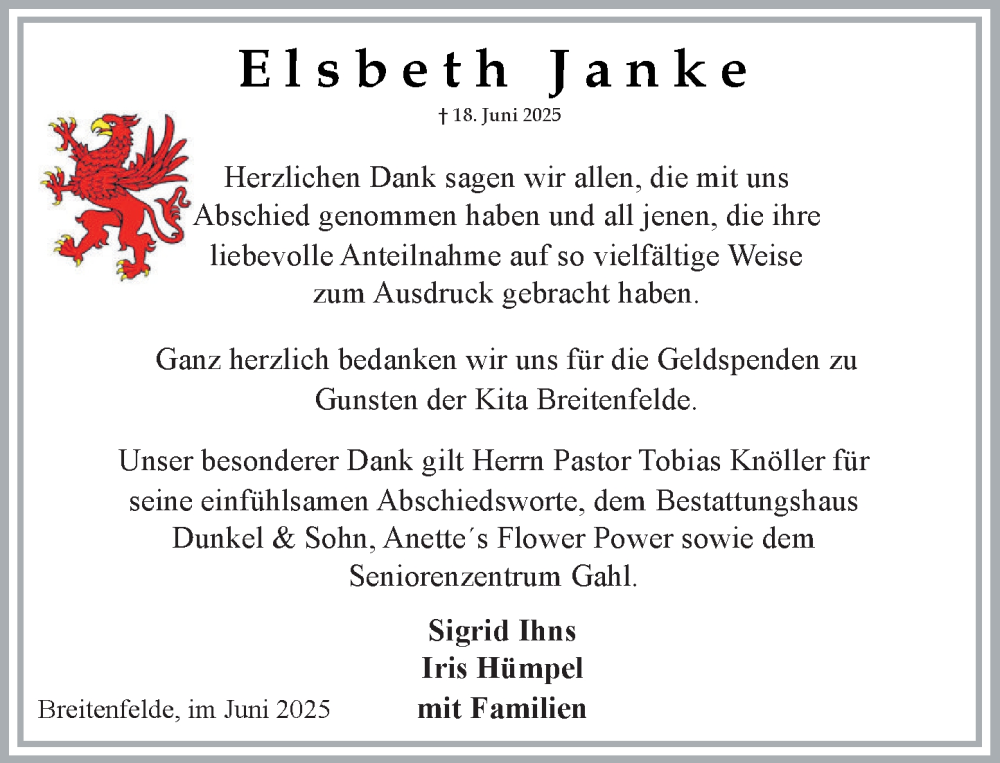  Traueranzeige für Elsbeth Janke vom 19.07.2025 aus MARKT Ratzeburg/Mölln