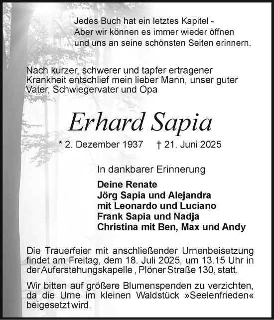 Traueranzeige von Erhard Sapia von Holsteinischer Courier