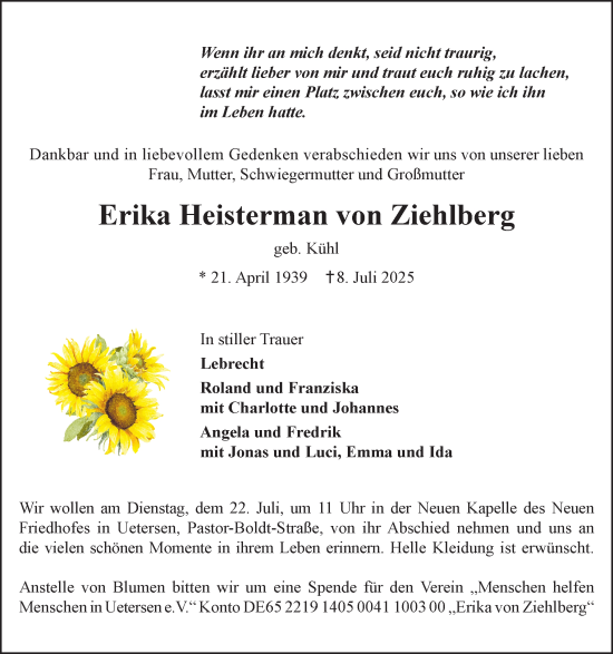 Traueranzeige von Erika Heisterman von Ziehlberg von Uetersener Nachrichten, Der tip am Wochenende