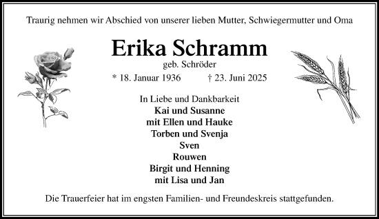 Traueranzeige von Erika Schramm von MARKT Ahrensburg/Bargteheide/Trittau und Stormarner Tageblatt