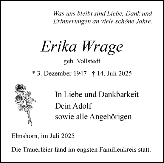 Traueranzeige von Erika Wrage von Elmshorner Nachrichten, Barmstedter Zeitung