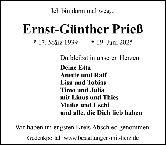 Traueranzeige von Ernst-Günther Prieß von Flensburger Tageblatt