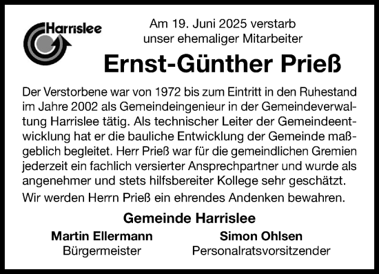 Traueranzeige von Ernst-Günther Prieß von Flensburger Tageblatt