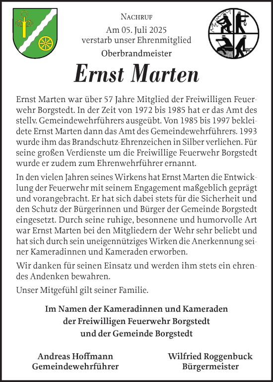 Traueranzeige von Ernst Marten von Eckernförder Zeitung
