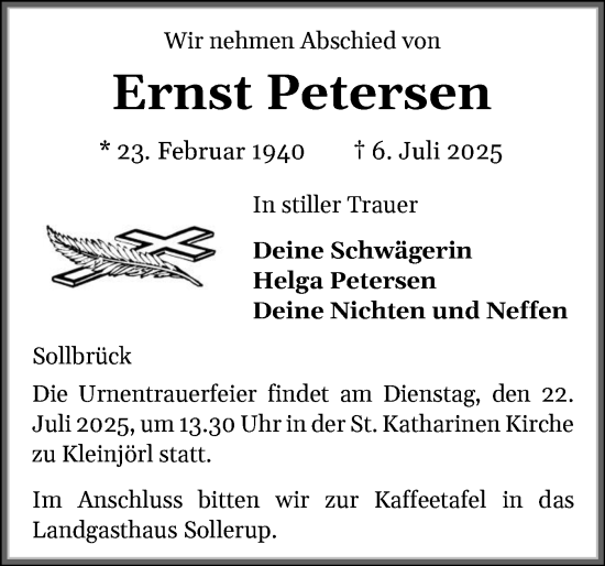 Traueranzeige von Ernst Petersen von Region Flensburg