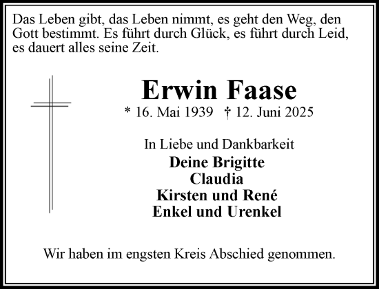 Traueranzeige von Erwin Faase von MARKT Bad Oldesloe/Reinfeld und Stormarner Tageblatt
