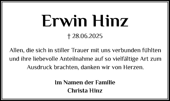 Traueranzeige von Erwin Hinz von Norddeutsche Rundschau, Wilstersche Zeitung, Glückstädter Fortuna