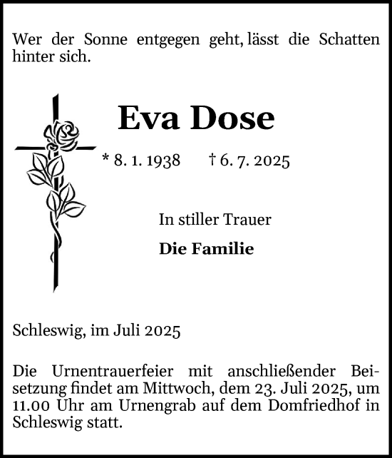 Traueranzeige von Eva Dose von Schleswiger Nachrichten, Schlei-Bote