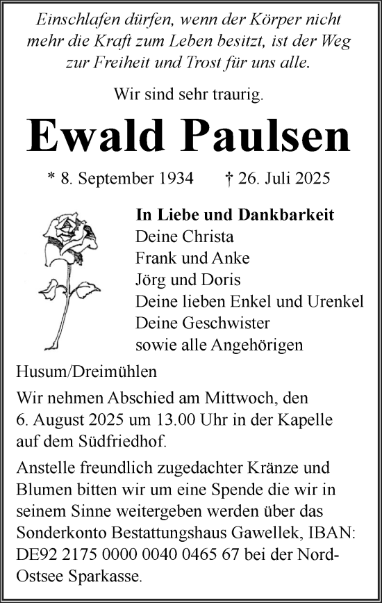 Traueranzeige von Ewald Paulsen von Husumer Nachrichten, Nordfriesland Tageblatt