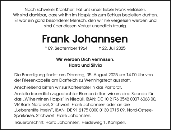 Traueranzeige von Frank Johannsen von Sylter Rundschau