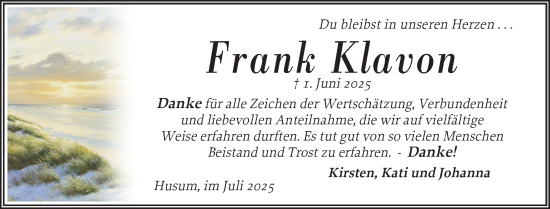 Traueranzeige von Frank Klavon von Husumer Nachrichten, Nordfriesland Tageblatt
