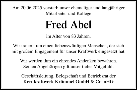 Traueranzeige von Fred Abel von Wochenend Anzeiger