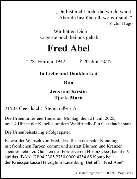Traueranzeige von Fred Abel von Wochenend Anzeiger