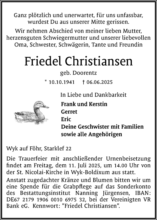 Traueranzeige von Friedel Christiansen von Der Insel-Bote