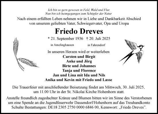 Traueranzeige von Friedo Dreves von Wochenend Anzeiger