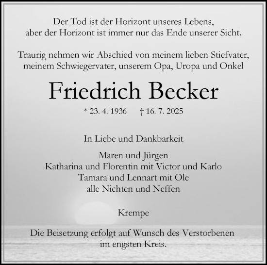 Traueranzeige von Friedrich Becker von Norddeutsche Rundschau, Wilstersche Zeitung, Glückstädter Fortuna