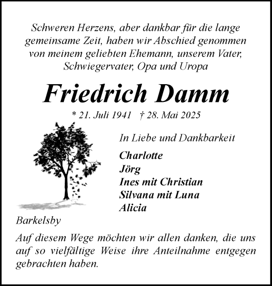 Traueranzeige von Friedrich Damm von Eckernförder Zeitung, Hallo Eckernförde