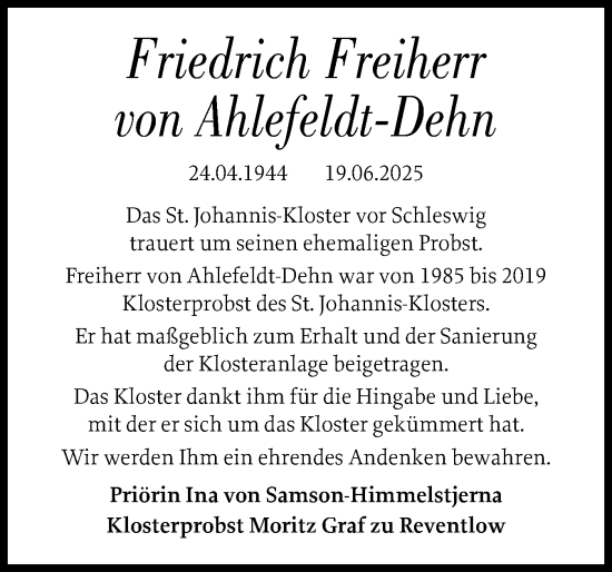 Traueranzeige von Friedrich von Ahlefeldt-Dehn von Schleswiger Nachrichten, Schlei-Bote