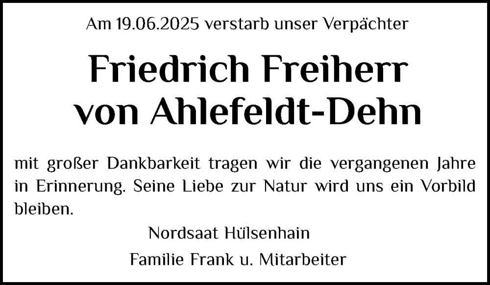  Traueranzeige für Friedrich von Ahlefeldt-Dehn vom 07.07.2025 aus Eckernförder Zeitung, Hallo Eckernförde